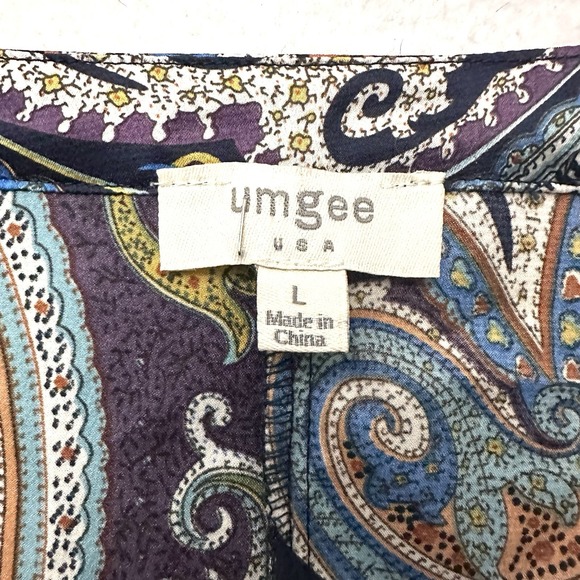 UMGEE Kaftan L Large Purple Paisley Satin Blouse Top Kimono Flutter Sleeves - Picture 3 of 8